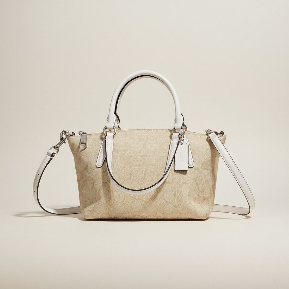 Coach Beige Signature Satchel Bag With Hand Crafted Purse Chain Necklace - Picture 2 of 11